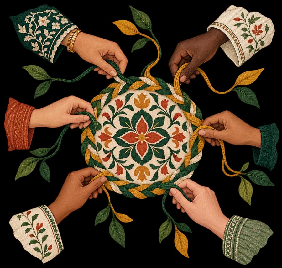 Hands weaving a shared thread of care around a growing plant
