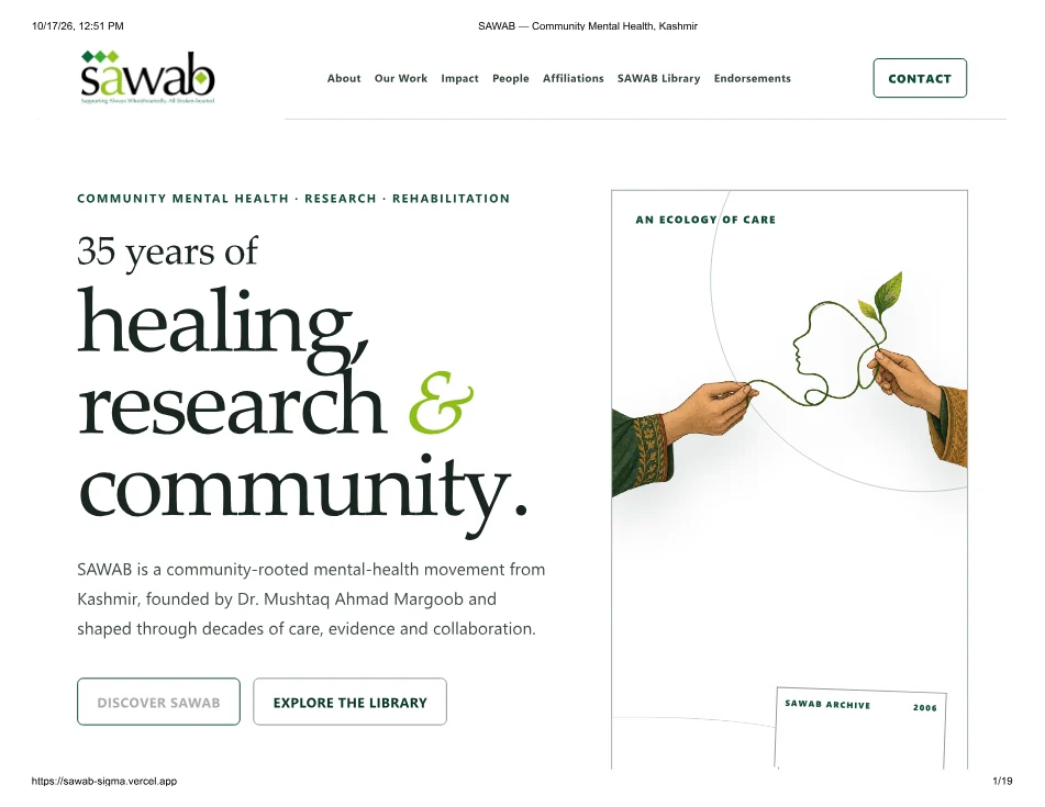 First page of the SAWAB Community Mental Health, Kashmir institutional overview